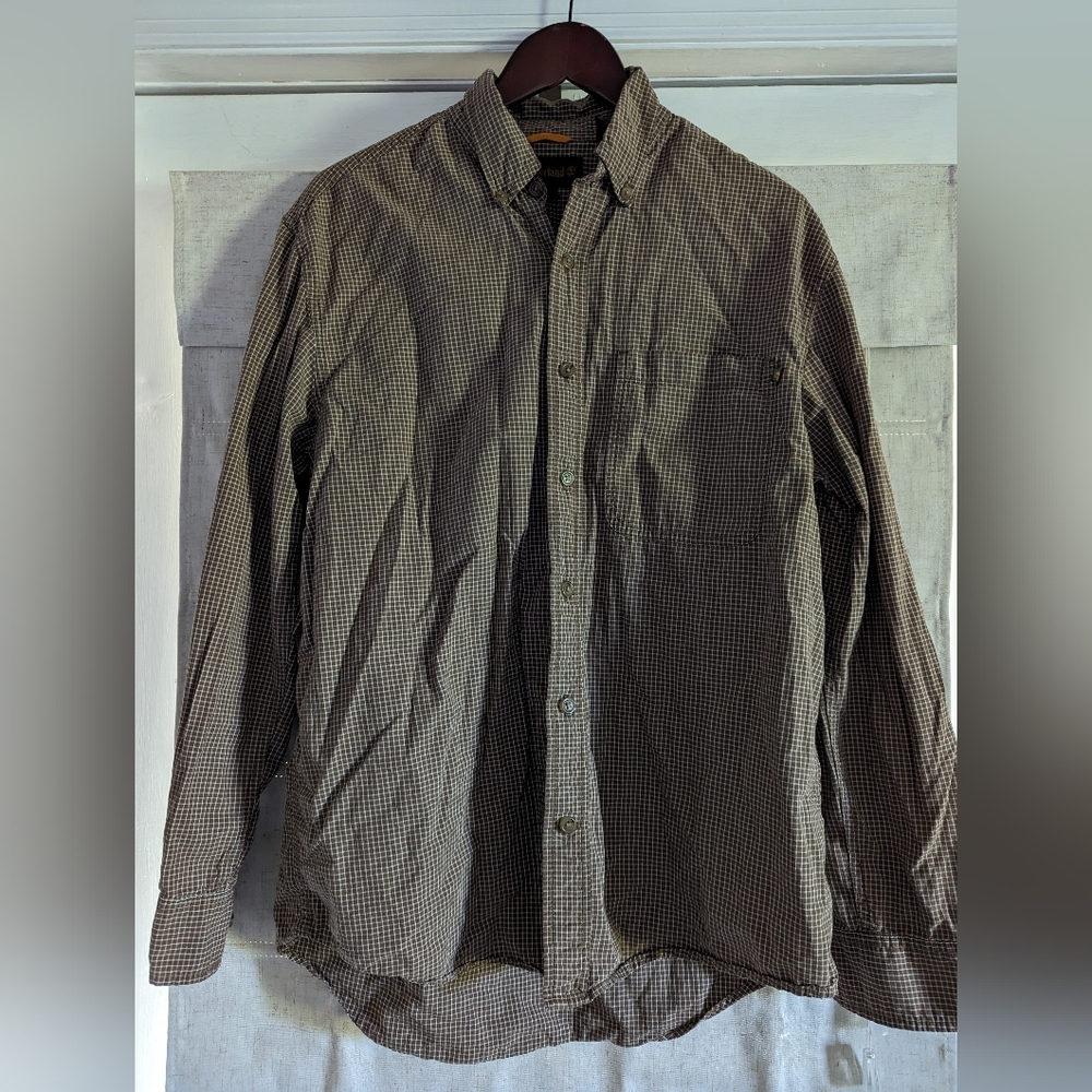 3/$15 Timberland Mens Brown White Checkered Button Up Long Sleeve Shirt - Size M